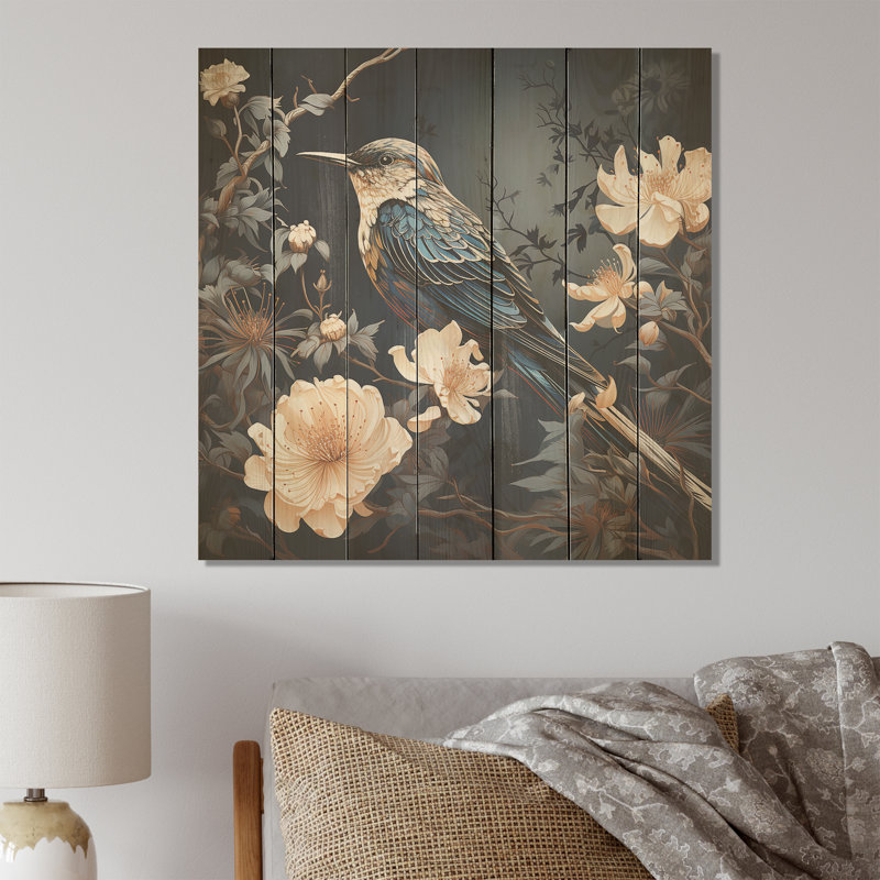«Midnight Floral Bird Melody III - Colibri sur bois», H 25 po x l 25 po