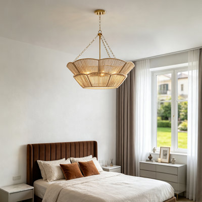 Lustre moderne à six lumières de 81 cm (32 po) en laiton poli, de forme tambour/à plusieurs niveaux, avec abat-jour en corde tissée à la main, pour salle à manger/chambre à coucher