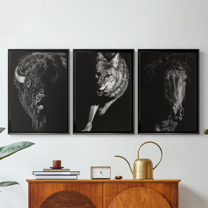 Wild Scratchboard IV - Toile tendue avec châssis sur mesure - 3 pièces, 27" H x 39" W, Noir