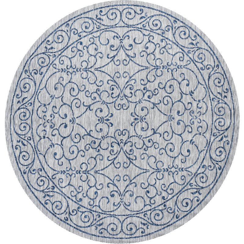 Hagerman Vintage Filigree Textured Weave Gray/Navy Indoor/Outdoor Rug, Round 7'9"
