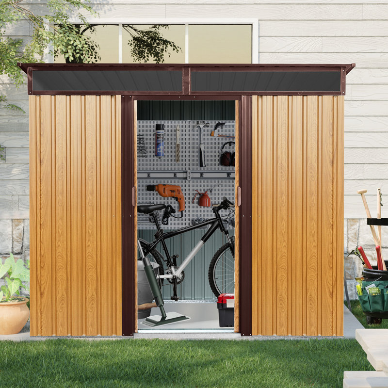 8 X 6 Ft Outdoor Metal Storage With Lockable Door  Coffee . Spacious Interior. Waterproof. Suitable For Garden, Lawn And Patio Equipment 8Ft 6Ft Shed Construction. -. Foundation Stability.