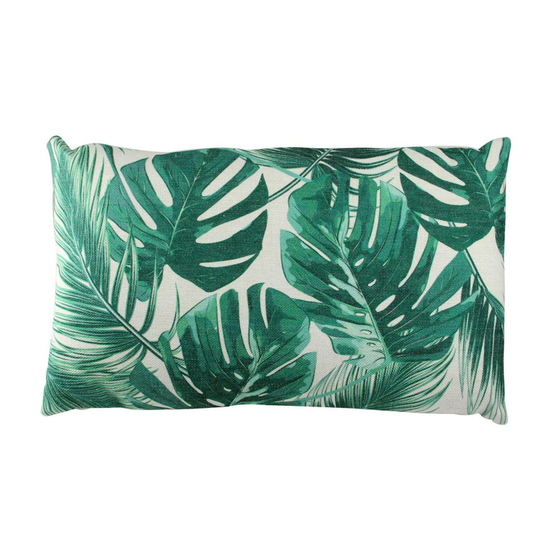 19" Green and White Tropical Leaves Printed Rectangular Throw Pillow