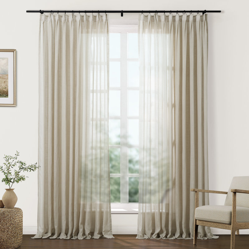 TWOPAGES Sheer Curtains Faux Linen Pinch Pleat Curtains, Set of 2, Light Brown, 52" W x 102" L