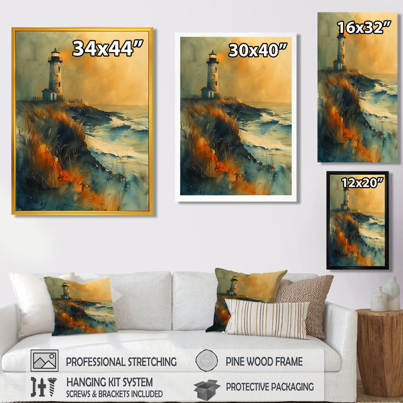 Gris, gris, orageux, falaise, été, phare II, art mural phares, H 12 po x l 20 po, Cadre simple noir