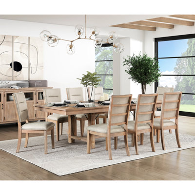 Oak 9pc Dining For Casual Room, Self - Storing Leaf Rectangular Table And 8 Beige Textured Fabric Side Chairs Brunch Rustic : Seating Intimate Dinners