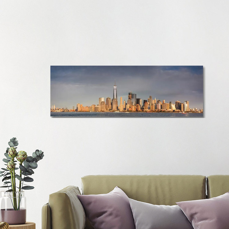 Lower Manhattan Skyline With Freedom Tower From New Jersey At Dusk, Manhattan, New York City, New York State, USA - Wrapped Canvas Panoramic Print