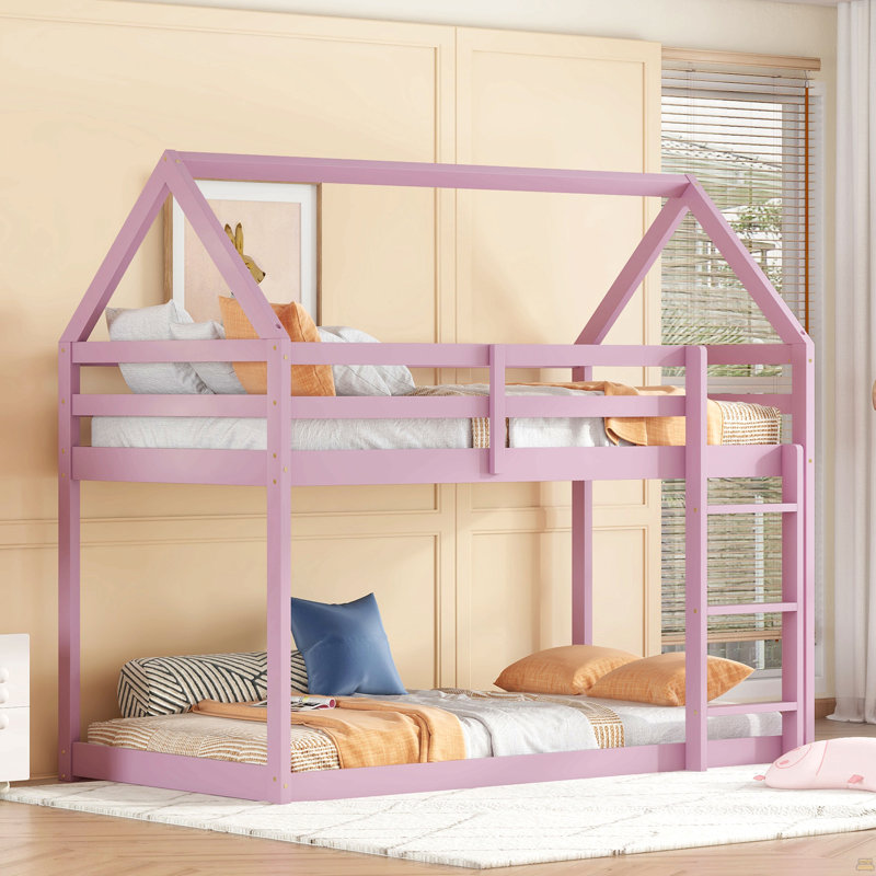 Twin Over Twin Rubber Wood Floor Bunk Bed, With Ladder,Guardrails, Oak