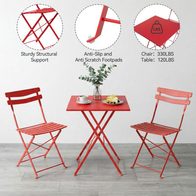 Home 3 Piece Foldable Patio Bistro Set, Outdoor/Indoor Metal Table and Chairs Furniture, Compact Square Table with 2 Folding Chairs for Balcony, Porch, Deck, Garden, Apartment, Small Space, Red