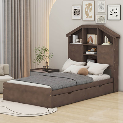 Branchon Twin Size Wood Platform Bed with House-shaped Storage Headboard and 2 Drawers -  Latitude RunÂ®, 93BFCE6F65EF4829A96CCEC692439B65