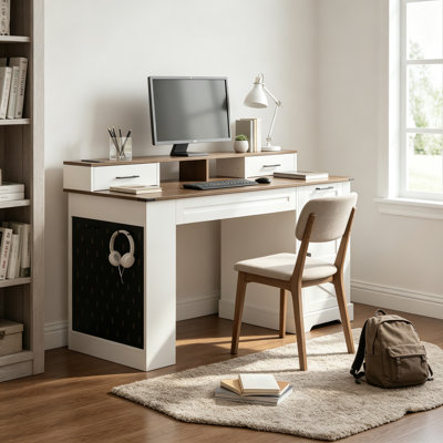 55 Inch Student Study Desk with Storage Drawers and Storage Cabinet Cabinet for Home Office, Computer Desk with Charging Station and Keyboard & Monitor Hutch, White