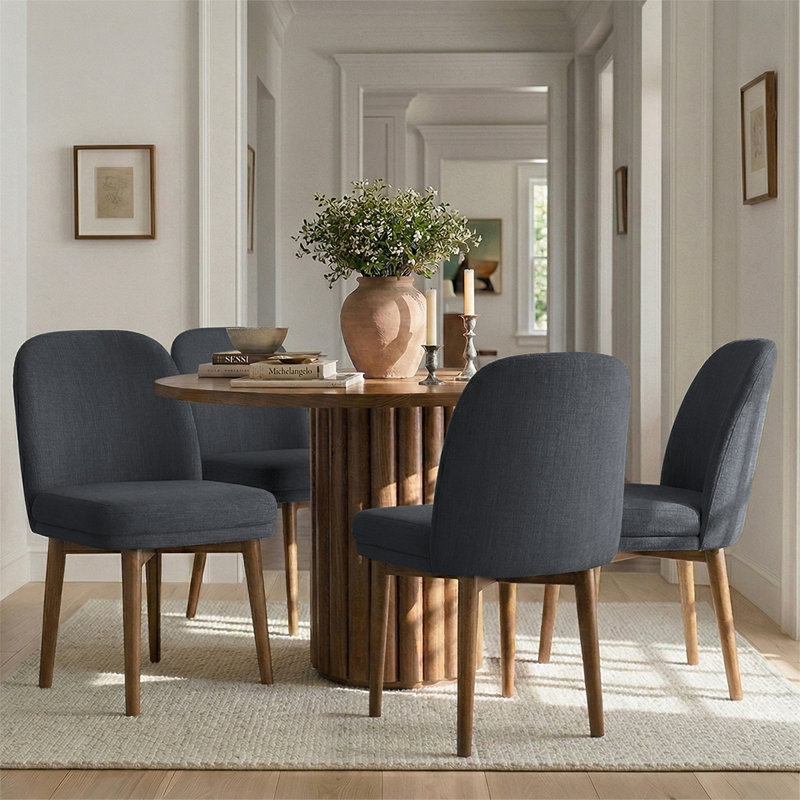Black Linen Upholstered Dining Chairs with Solid Wood Legs, Black