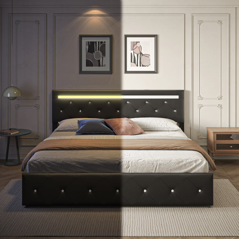 Structure de lit double tapissier pleine grandeur avec lumières DEL à changement de couleur et tiroirs latéraux simples, conception capitonnée moderne avec tablettes de rangement