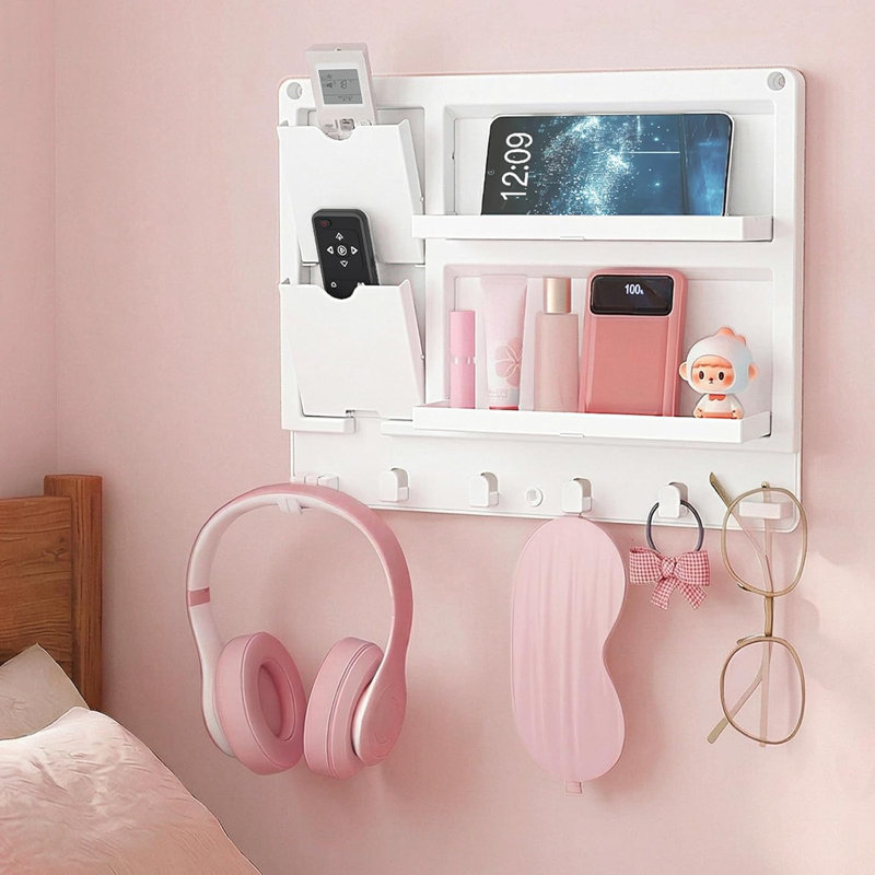 White No Drill Wall Mount Bedside Organizer with Multi Hooks Storage Shelf