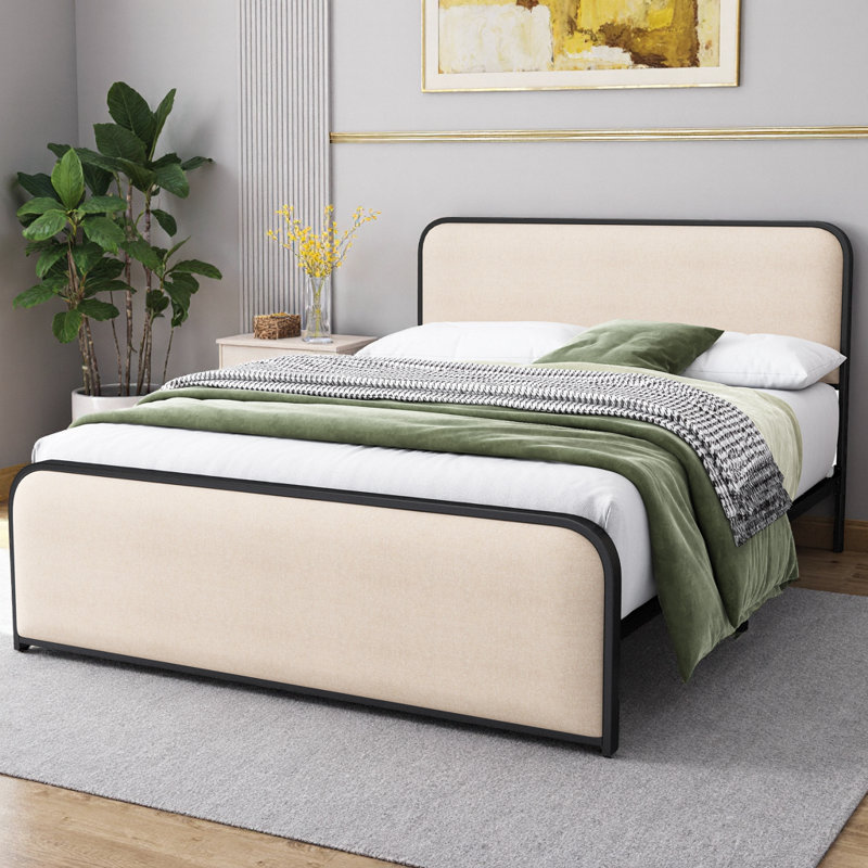 Modern Upholstered Bed Frame with Headboard & Footboard, King Size Platform Bed with Under Bed Storage, 800 lb Capacity, Beige