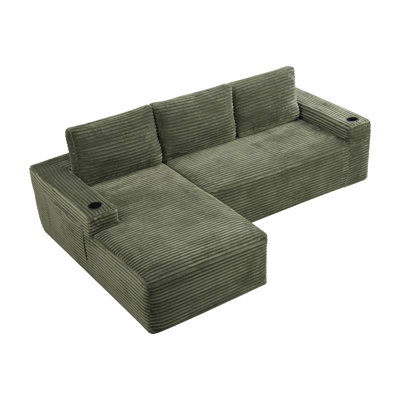 Boneless 104''W Cloud Modern Modular L-Shaped Sofa , Compressed Corduroy Upholstered Boneless Sofa Couches With Chaise And Cup Holder
