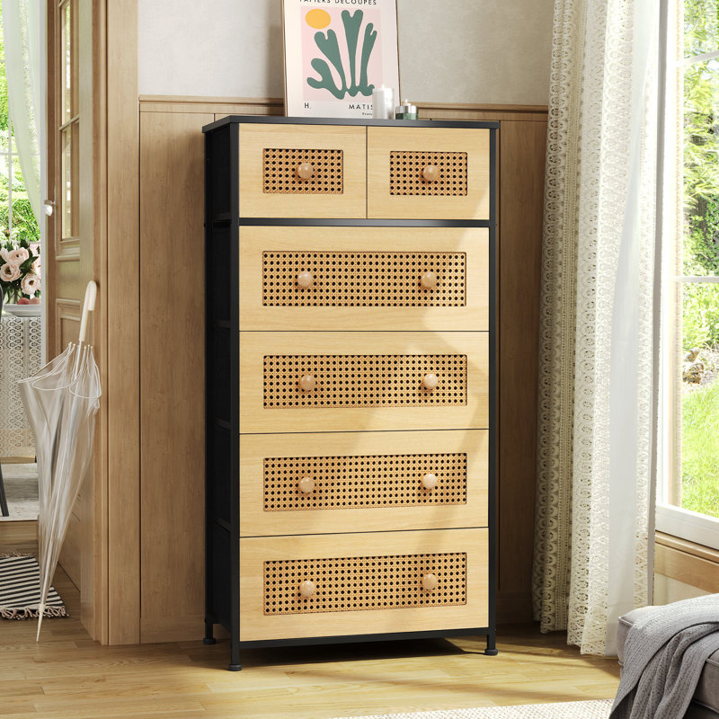 Commode 6 tiroirs, Noir/naturel