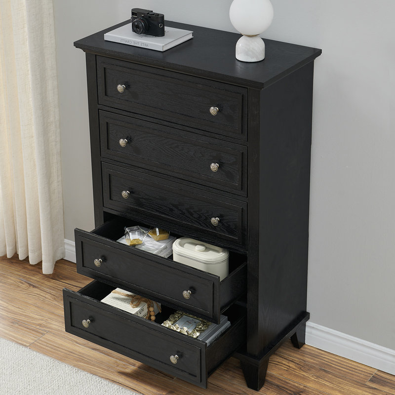 Commode 5 tiroirs en bois, Noir, noir, noir, noir