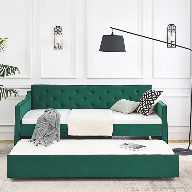 Modern Twin Size Daybed With Twin Size Trundle, Upholstered Tufted Sofa Bed, Green