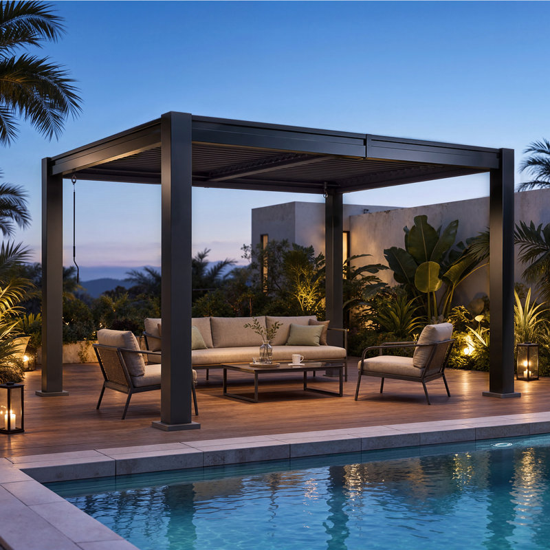 Pergola extérieure de 3,66 m x 3,05 m avec toit à lames orientables et drainage intégré, pergola métallique robuste à lames orientables pour patios