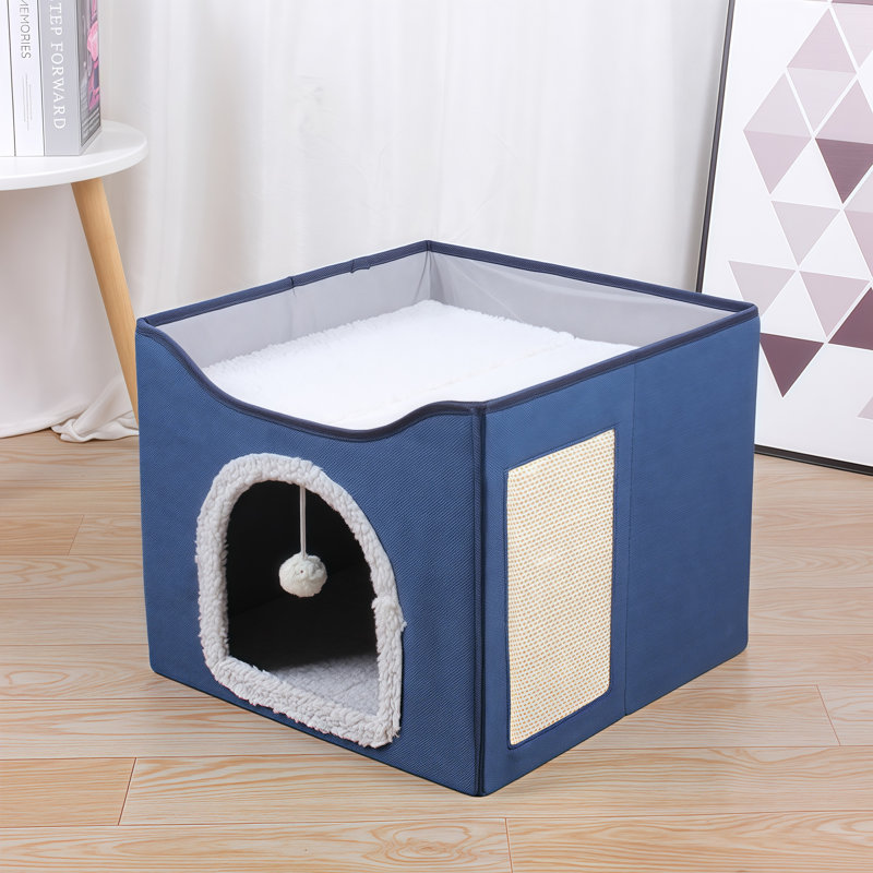 Maison de chat pliable en forme de cube avec patin à griffes en sisal et balle de jeu suspendue, lit pour chat intérieur à deux niveaux avec coussin lavable en laine d'agneau, peut supporter jusqu'à 30 lb, plusieurs tailles et couleurs en option