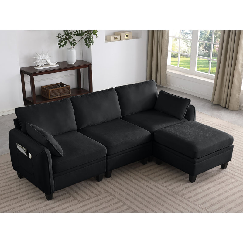 Canapé moderne en L en chenille douce avec repose-pieds avec rangement, Noir