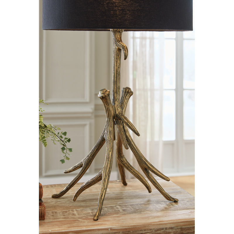 Antiqued Goldtone Cast Aluminum Table Lamp with Black Shade