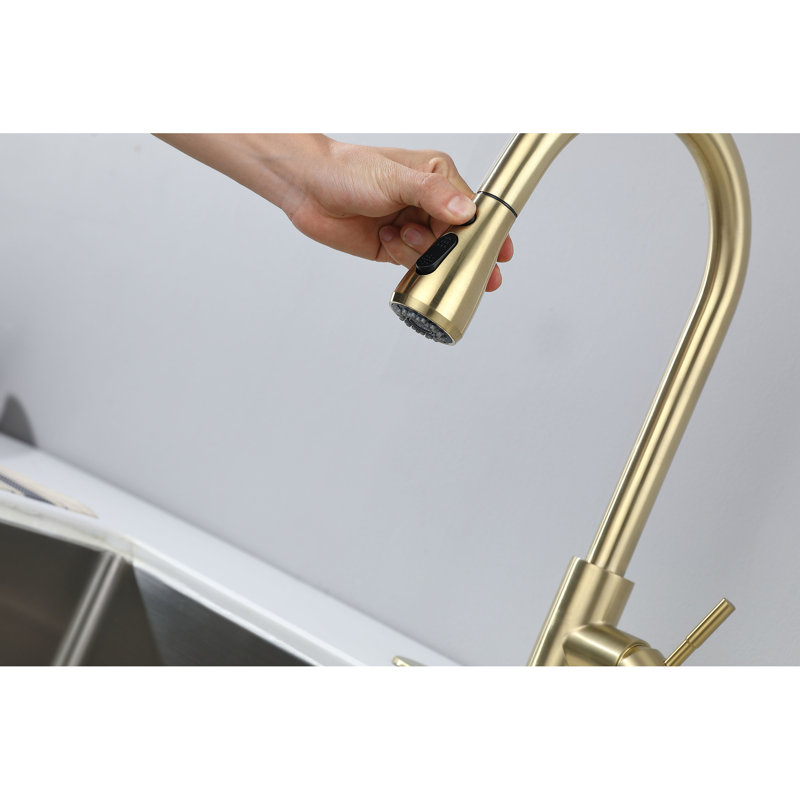 Brushed Gold Stainless Steel Kitchen Faucet With Pull Out Spray, 360 Rotating Nozzle, Corrosion & Rust Trait, Brushed Gold