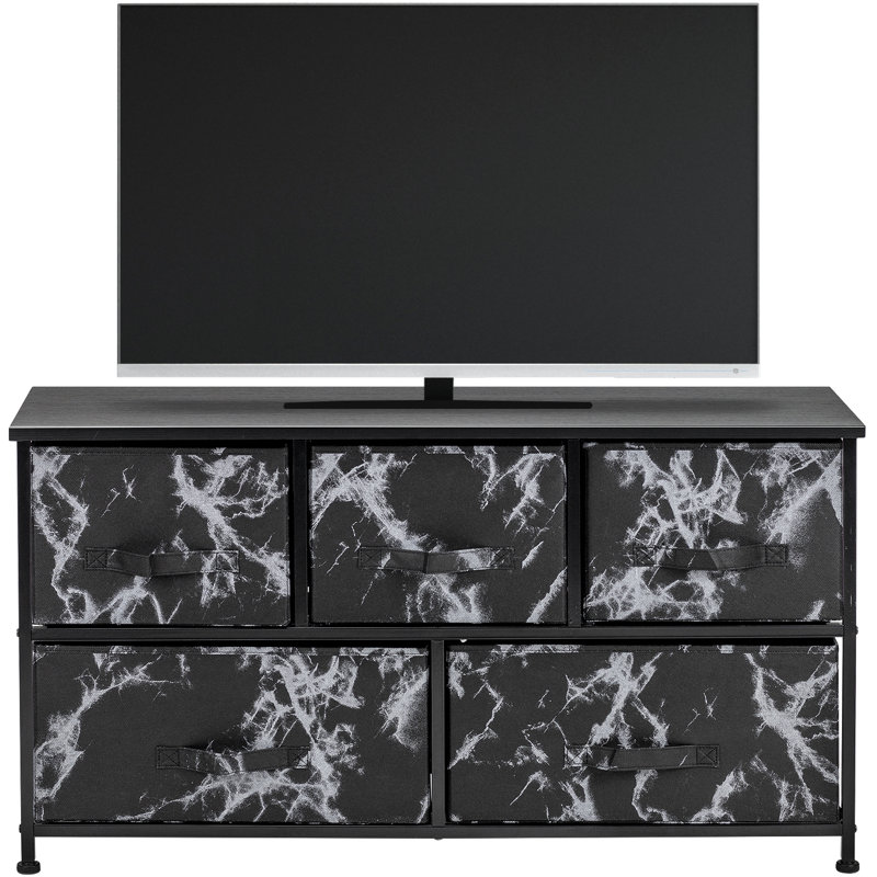 Commode à 5 tiroirs (cadre blanc, marbre blanc), Noir