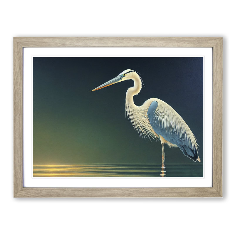 Attractive Heron Bird - Single Picture Frame Print, 46cm H x 64cm W x 2cm D, Oak