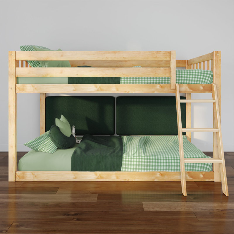 Low Twin over Twin Bunk Bed with Floating Backrest Set, Natural/Evergreen
