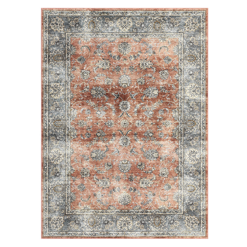 Vintage Floral Machine Washable Rug Low Pile Bedroom Rug Stain Resistant Boho Carpet Non Slip Distressed Rug Lightweight Throw Carpet