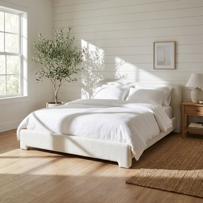 Cozy Upholstered Bed with Soft Boucle Fabric and Minimalist Design