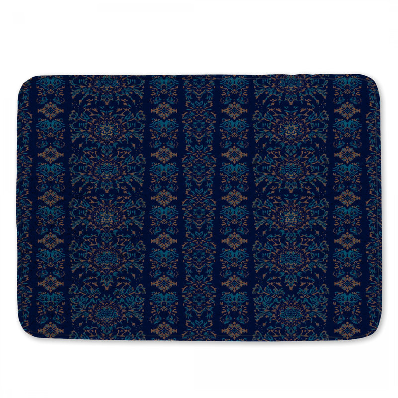 Tapis de bain damassé bleu floral, L 24 po x L 17 po