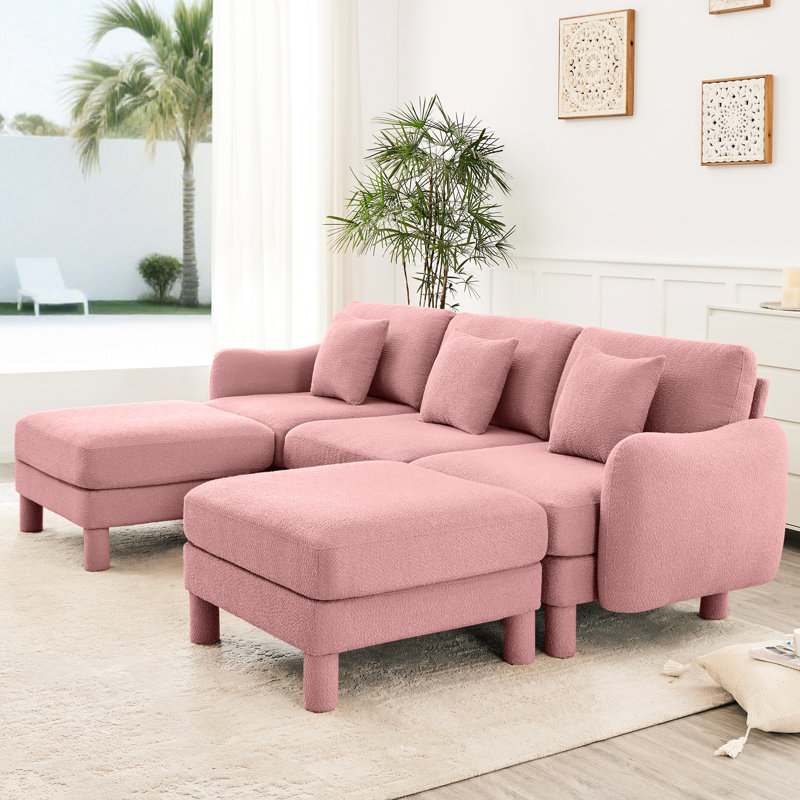 Canapé modulaire 3 en forme de U rose avec tissu bouclé, en forme de coquillage distinctif, 2 repose-pieds mobiles et pieds cylindriques, moderne pour espaces de bureau rose, 3, modulaire, repose-pieds, décoration intérieure