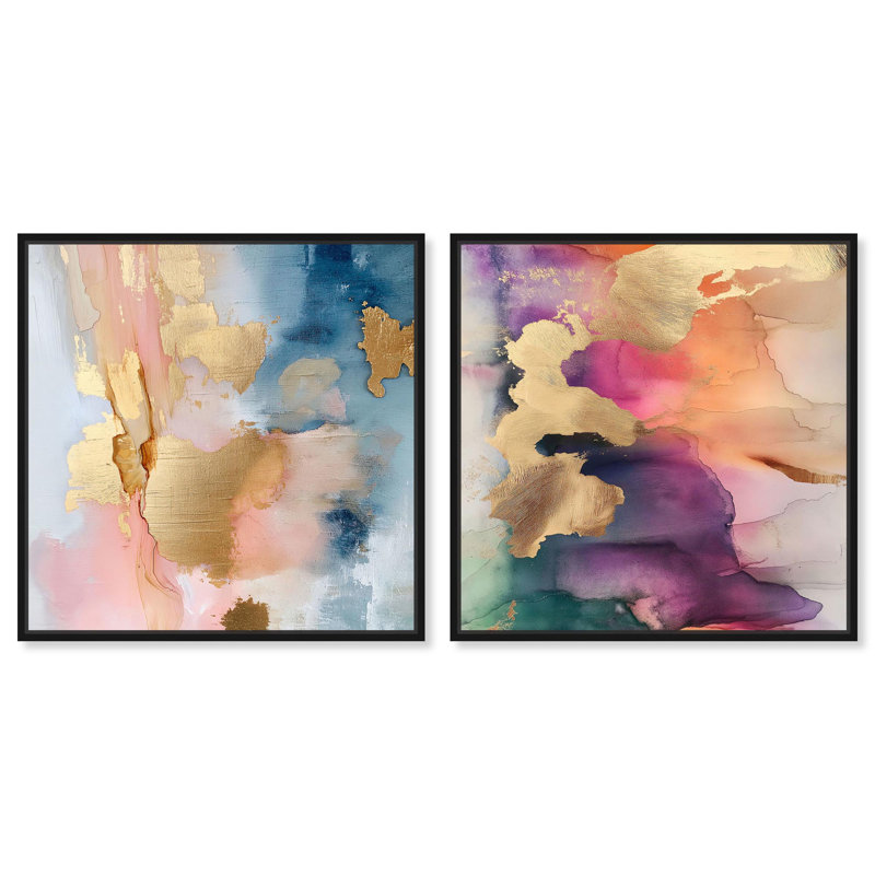 Ensemble de 2 feuilles décoratives dorées par Art Remedy, Cadre flottant noir, H 12 po x l 12 po