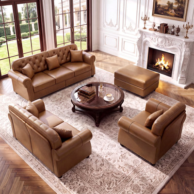4-Piece Mid-Century Modern Chesterfield Living Room Set Upholstered Faux Leather Furniture Set