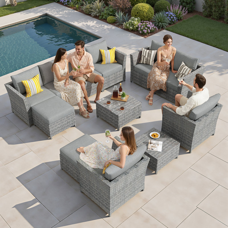 Ensemble de conversation modulaire en rotin avec coussins Paulsen, Non, Gris, Gris