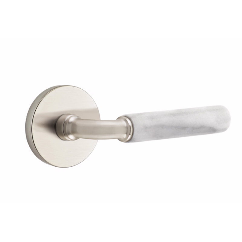Select Round Privacy (Bed & Bath) Door Lever with Round Rosette, Left, Satin Nickel/White Marble