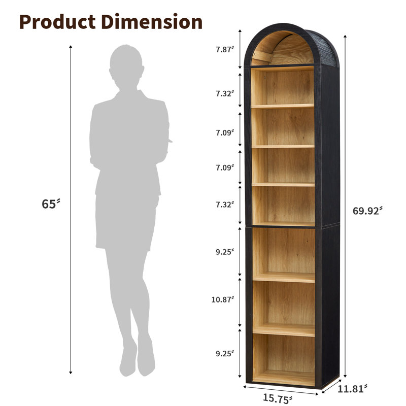 70" Arched Narrow Bookcase, Black