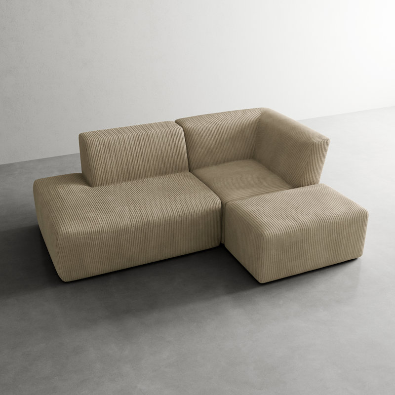 Berlare 3 - Piece Upholstered Compression Khaki Corduroy Modular Sectional Sofa Set with Removable Ottoman – Fully Compressed, No Assembly Required