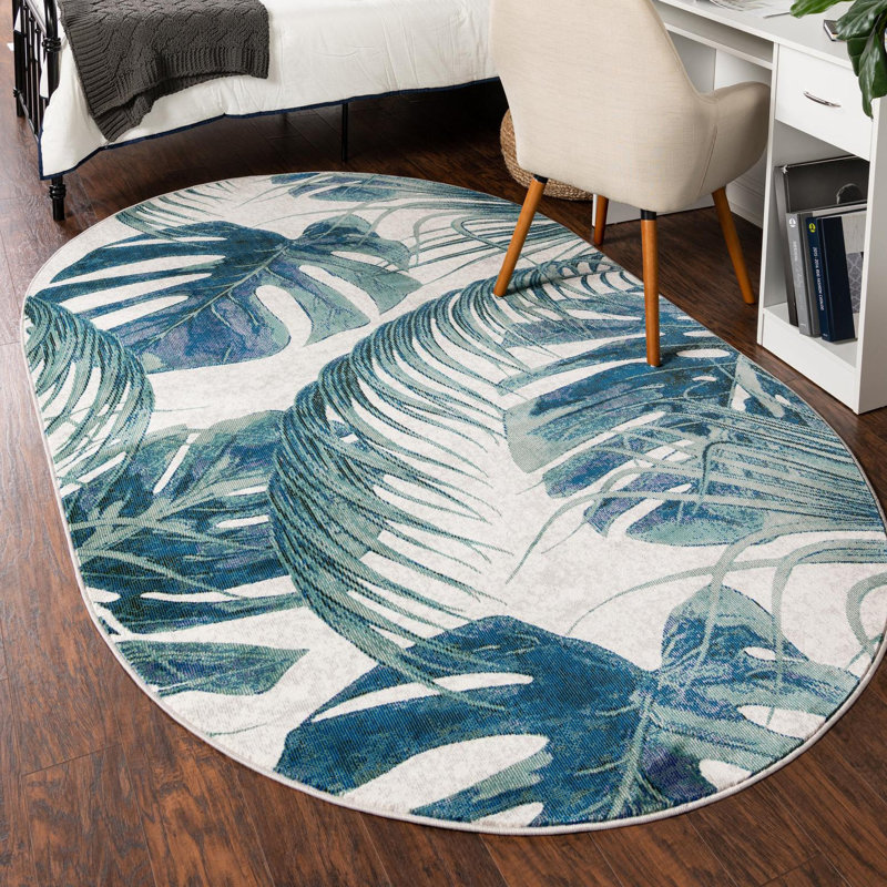 Tapis vert / blanc à motif floral Abira, Ovale 4 pi x 6 pi