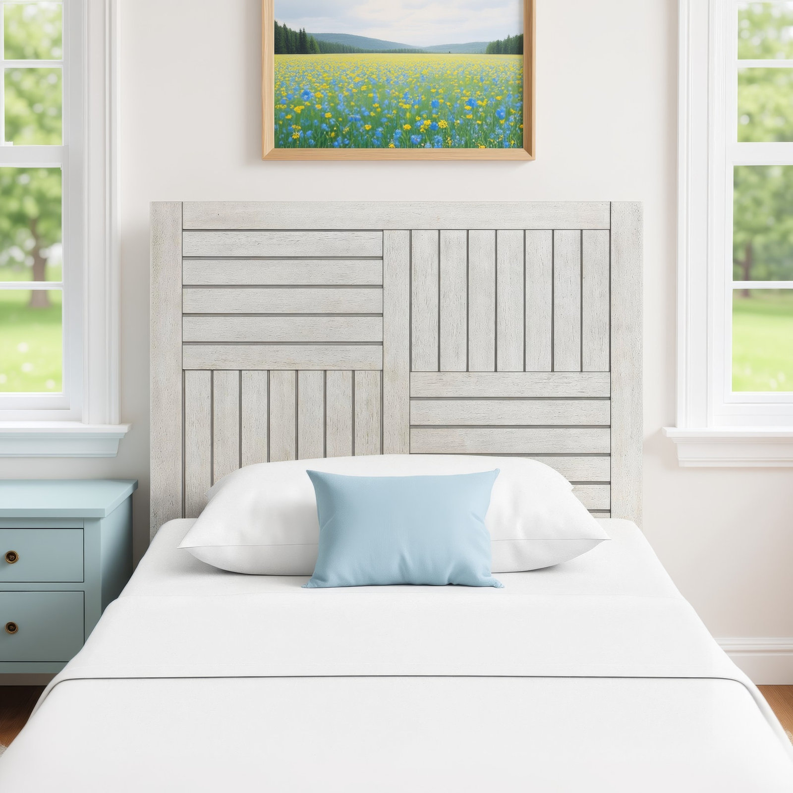 Cotswald Twin Solid Wood Panel Headboard, Stone Path White , Twin