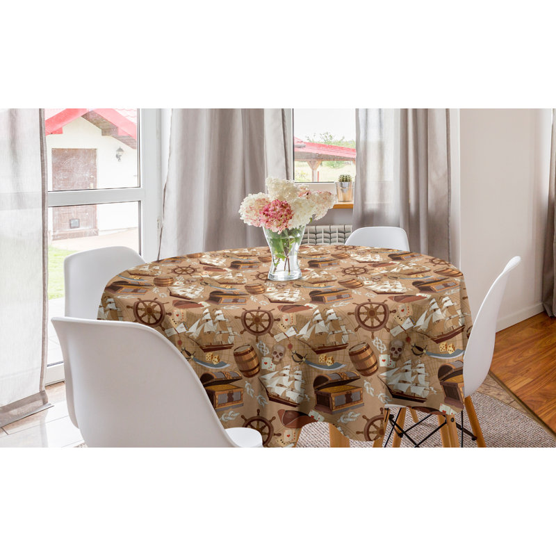 Ambesonne Pirates Round Tablecloth, Scroll Old Pirate Treasure Map Pattern Adventure Stories Concept, Circle Table Cloth Cover For Dining Room Kitchen Decoration, 60", Brown White