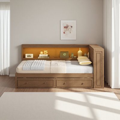 Lit de jour en bois pleine grandeur avec tablettes de rangement, USB, DEL et 2 tiroirs