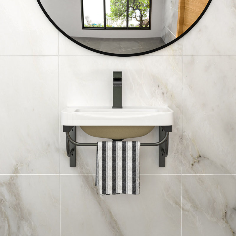 Lavabo de salle de bain mural rectangulaire en céramique avec barre à serviettes noire, 19,88 po x 14,25 po | Idée de cadeau