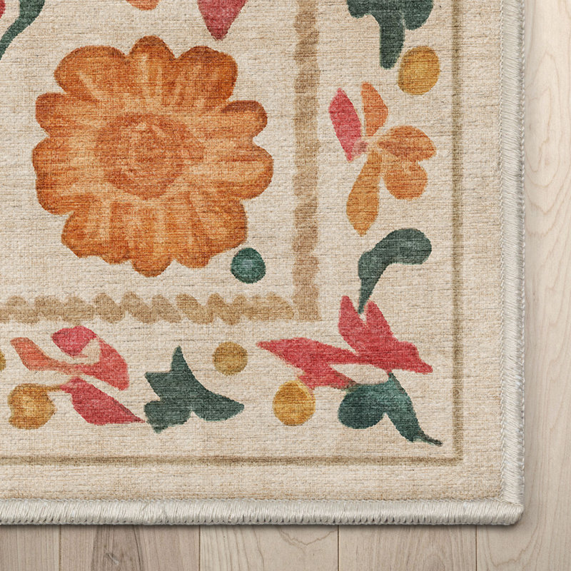 Suzani Beige Floral Chenille Rectangular Washable Rug 5'3" x 7'3"