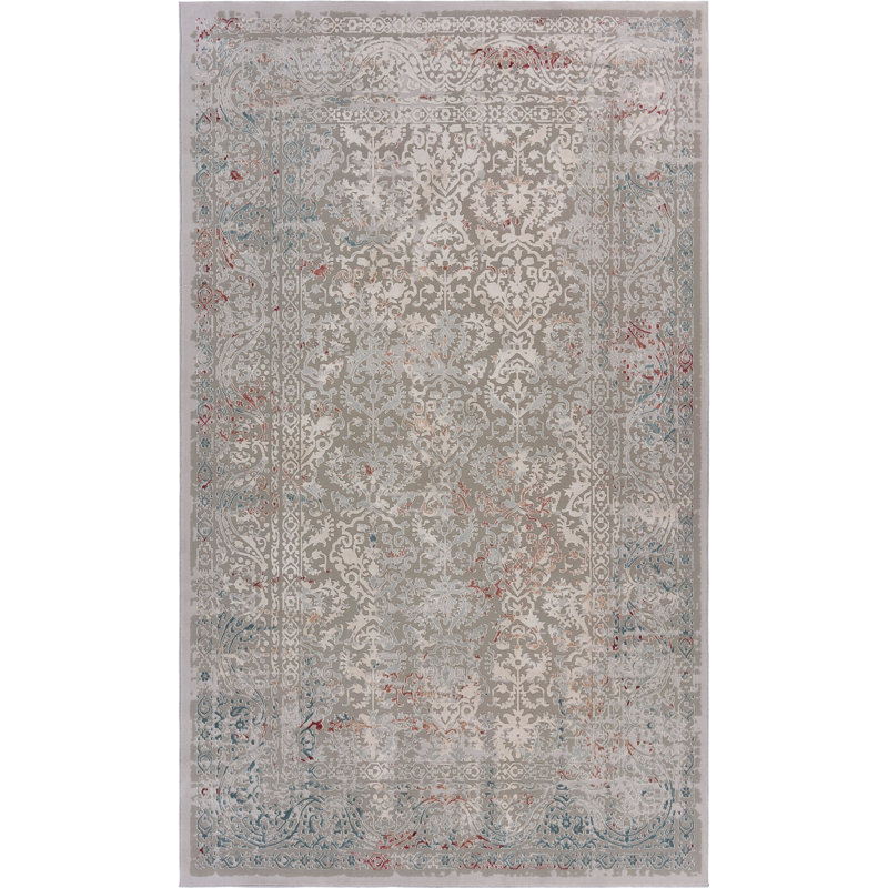 Modern Soft Damask Power-Loomed Polyester Indoor Area Rug, Gray/Red, Rectangle 7'10" x 10'9"