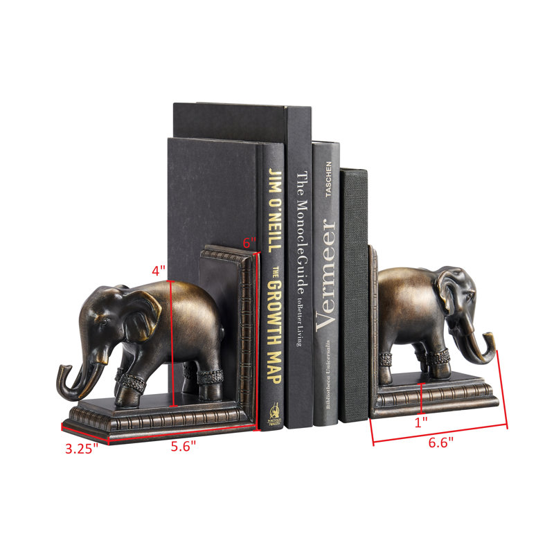 Bronze Patina Elephant Bookends Set with Ornate Design