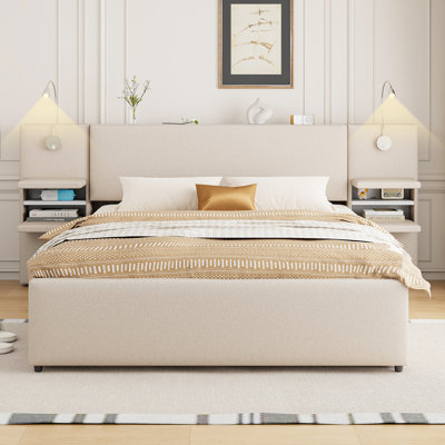 Grand lit plateforme tapissier avec lampes de lecture, tiroirs, gigogne et tablettes, beige