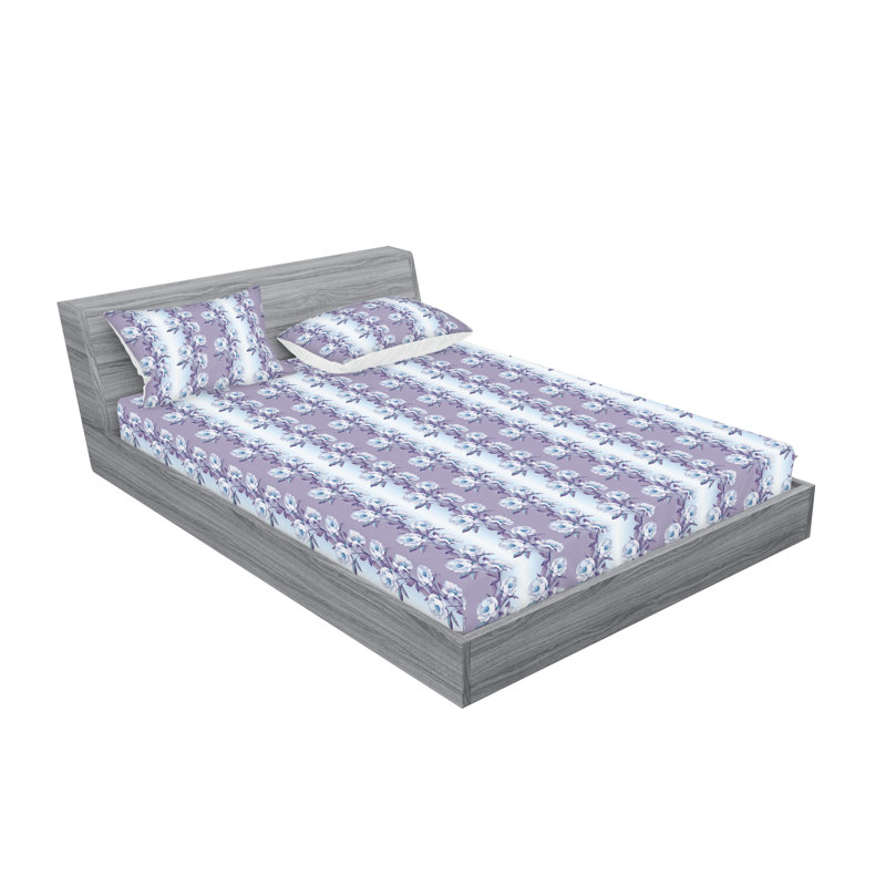 Ambesonne Fitted Sheet & Shams, King Sheet Set with 2 Pillowcases, Pale Eggplant/Soft Blue Flower